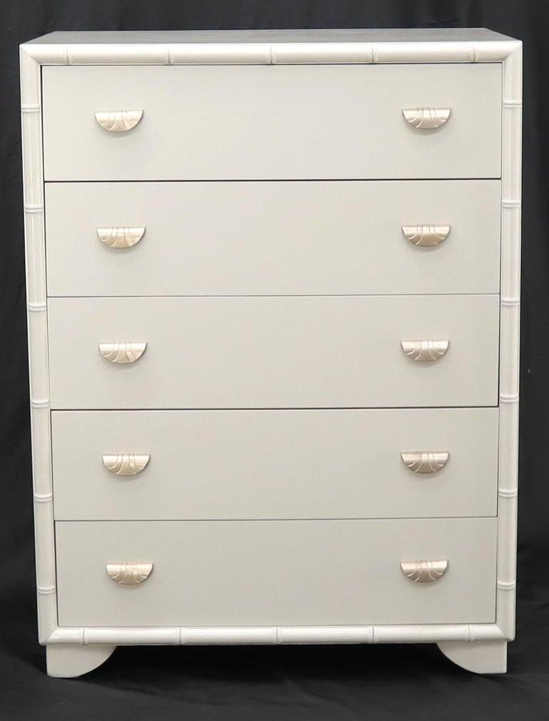 Faux bamboo off white lacquer scallop shape art deco pulls high chest dresser.
