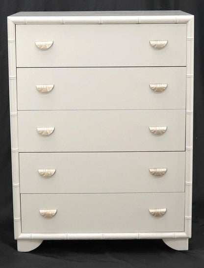 Faux bamboo off white lacquer scallop shape art deco pulls high chest dresser.