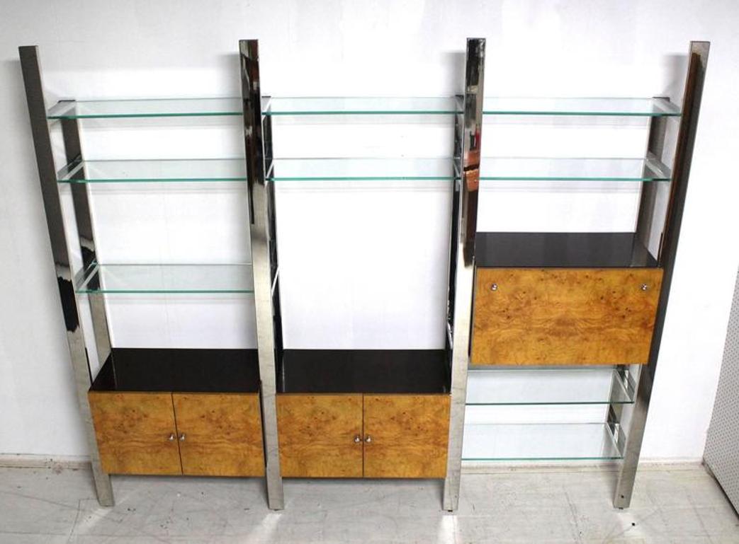 Burl Wood Thick Glass Shelves 3 Bay Wall Unit
