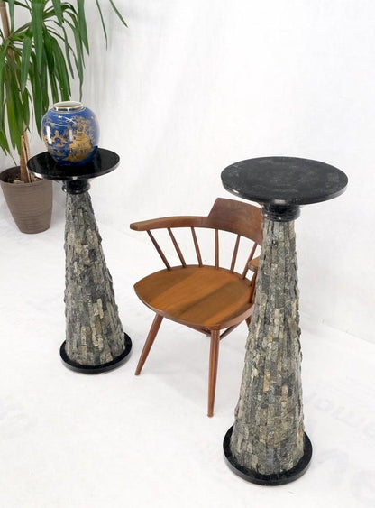 Pair of Polished & Rough Stone Tiles Cone Shape Non Matching Pair of Pedestals