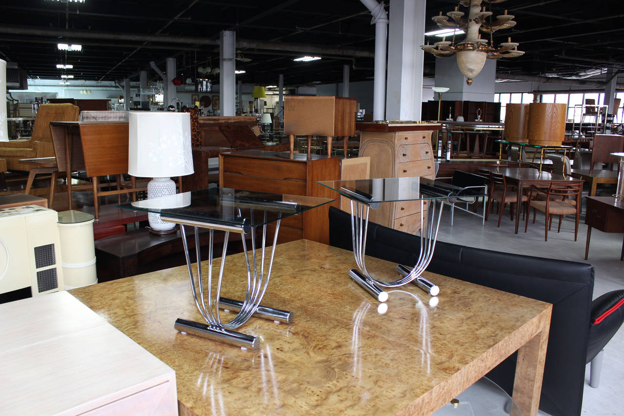 Pair of Chrome and Glass-Top End Tables with U-Shape Bases
