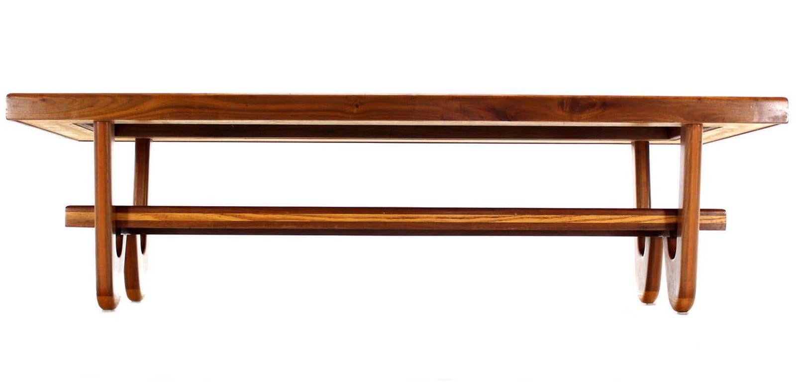 EstablishedLines Walnut Hair Pin Leg Smoked Glass  Marquetry Top Long Rectangle Coffee Table MINT
