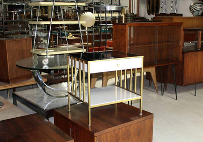 EstablishedLines Solid Brass Mid Century Modern End Side Table One Drawer Stand Smoked Glass Top