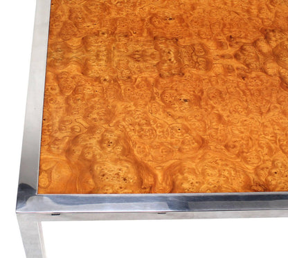 EstablishedLines Stainless Steel Chrome Base Amber Burl Wood Dining Conference Table Two Leaves
