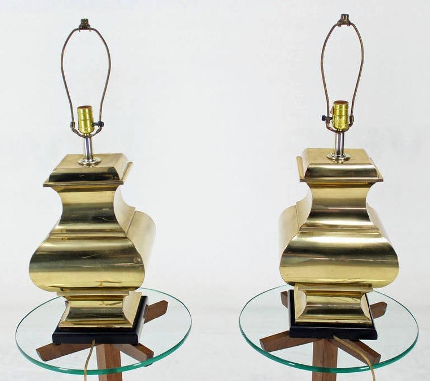 EstablishedLines Pair Modern Figural Sculptural Profile Square Base Polished Brass Table Lamps