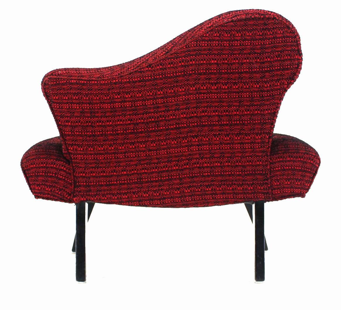 EstablishedLines Pair Red Upholstery Mid Century Modern Fireside Slipper Lounge Chairs Camel Back