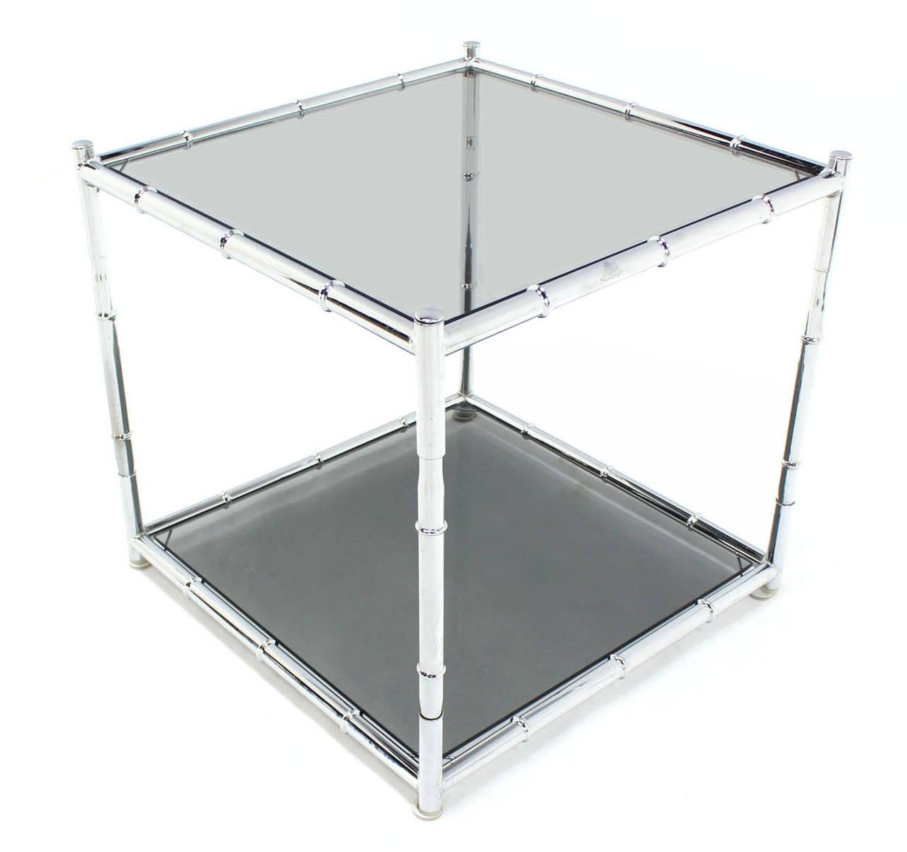 Pair of Cube Shape Chrome Faux Bamboo Frame End Tables Smoked Glass Top MINT!