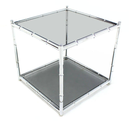 Pair of Cube Shape Chrome Faux Bamboo Frame End Tables Smoked Glass Top MINT!