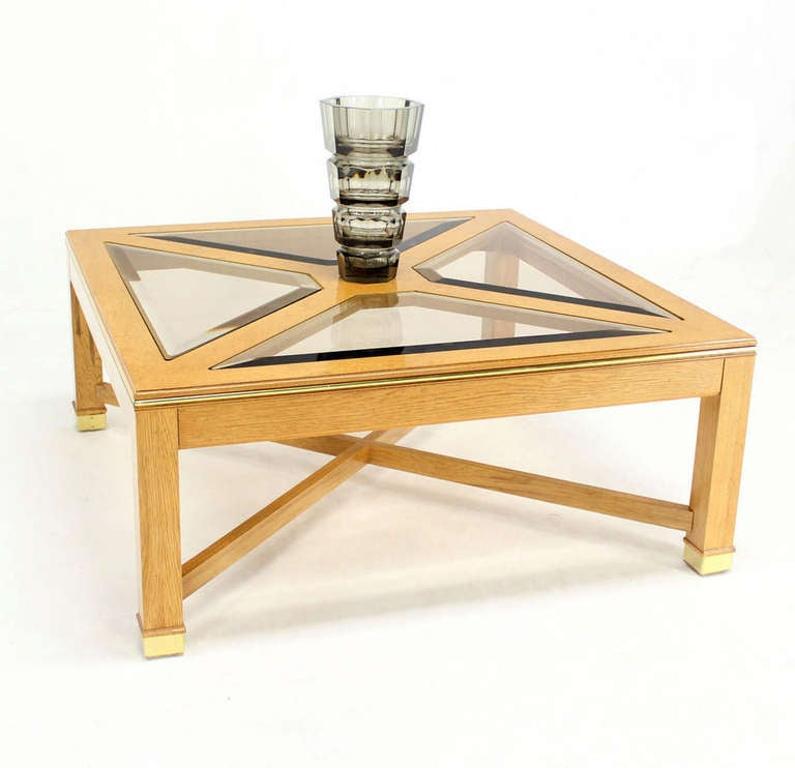EstablishedLines Beveled Smoked Glass Bird's-Eye Maple Brass Square Legs Coffee Table MINT!
