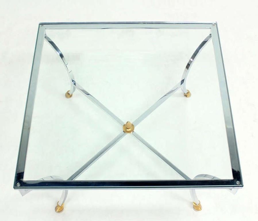 EstablishedLines Hoof Brass Feet Chrome X Shape Base 3/4" Glass Square Coffee Table Clean