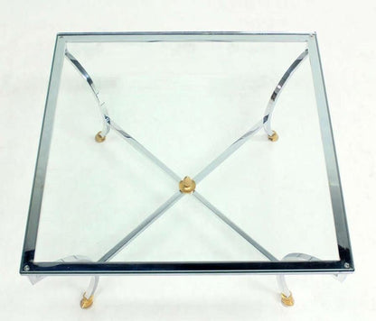 EstablishedLines Hoof Brass Feet Chrome X Shape Base 3/4" Glass Square Coffee Table Clean