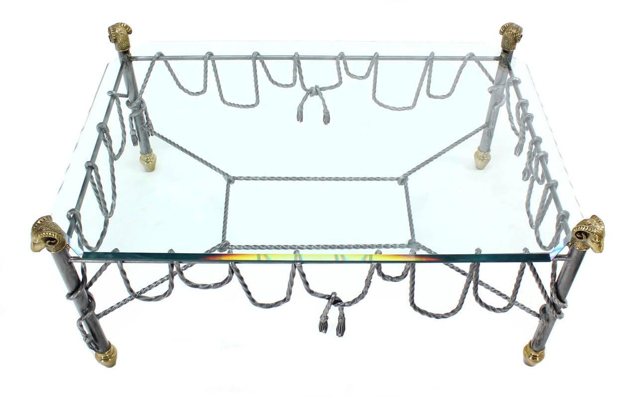 EstablishedLines Ornate Wrought Iron Brass Ram Head Motive Glass Top Rectangle Coffee Table