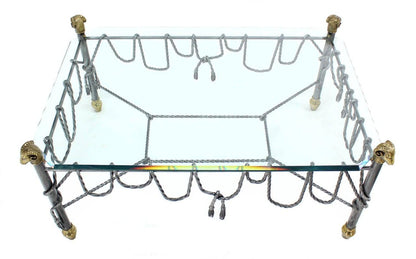 EstablishedLines Ornate Wrought Iron Brass Ram Head Motive Glass Top Rectangle Coffee Table