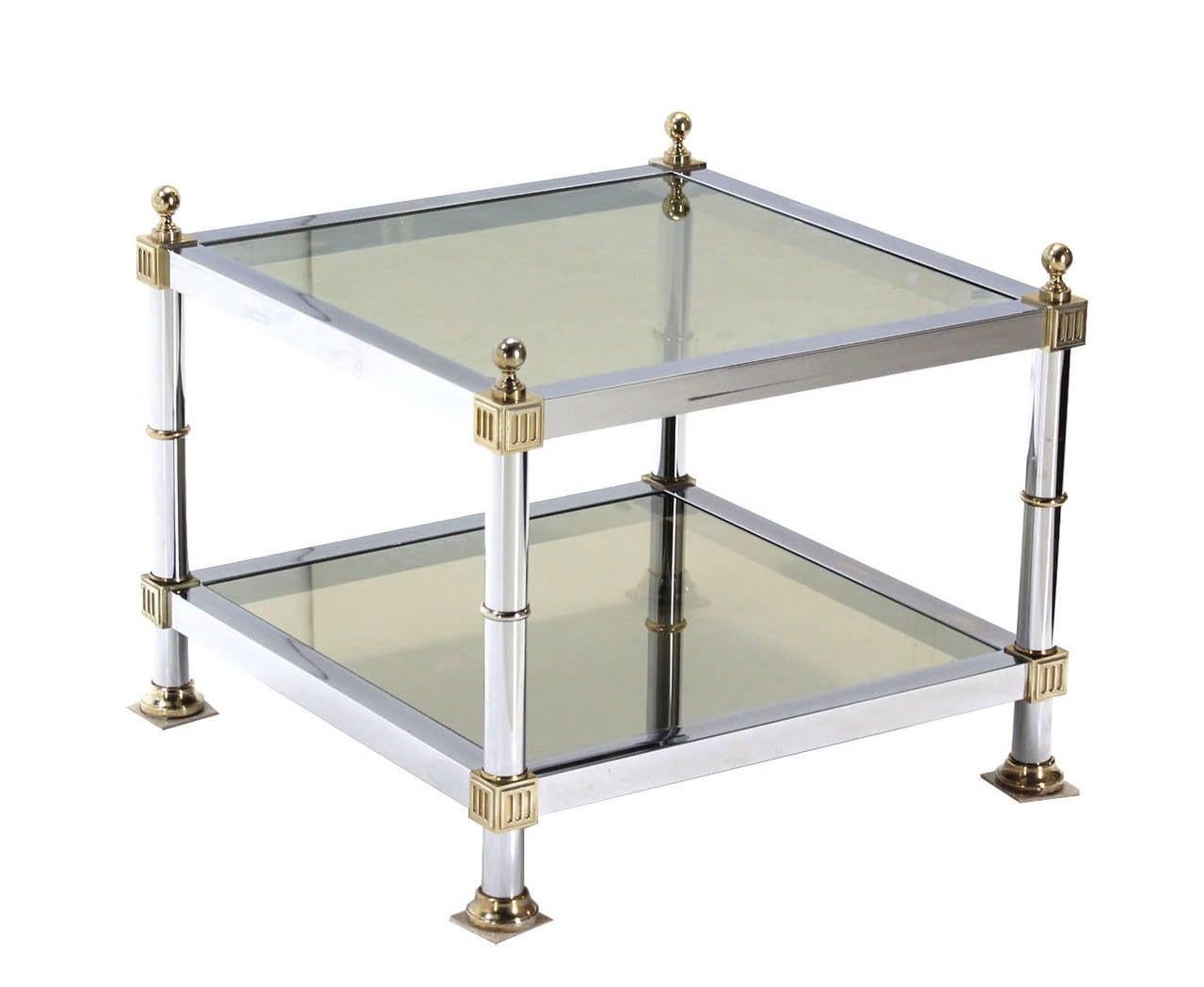 EstablishedLines Pair of Chrome Brass and Smoked Glass Square End or Side Lamp Tables Stands Mint