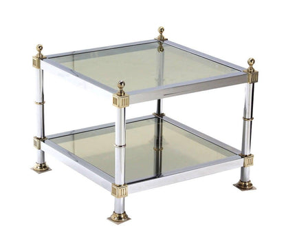 EstablishedLines Pair of Chrome Brass and Smoked Glass Square End or Side Lamp Tables Stands Mint