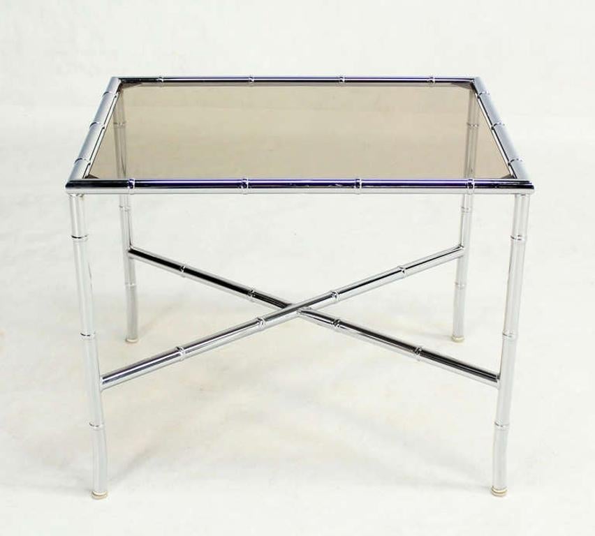 EstablishedLines Pair of Faux Bamboo X Shape Bases  Chrome and Smoked Glass End Tables MINT!