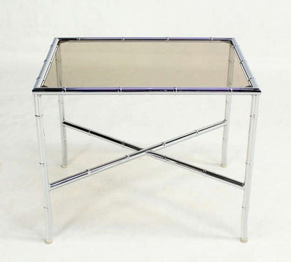 EstablishedLines Pair of Faux Bamboo X Shape Bases  Chrome and Smoked Glass End Tables MINT!