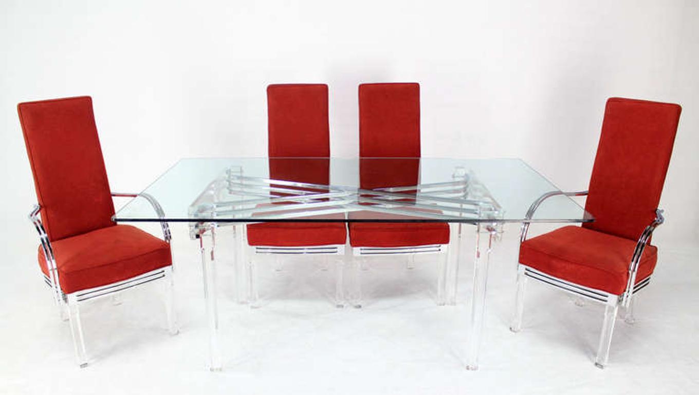 EstablishedLines Mid Century Modern Set of Six Dining Chairs and Table in Lucite Chrome Glass