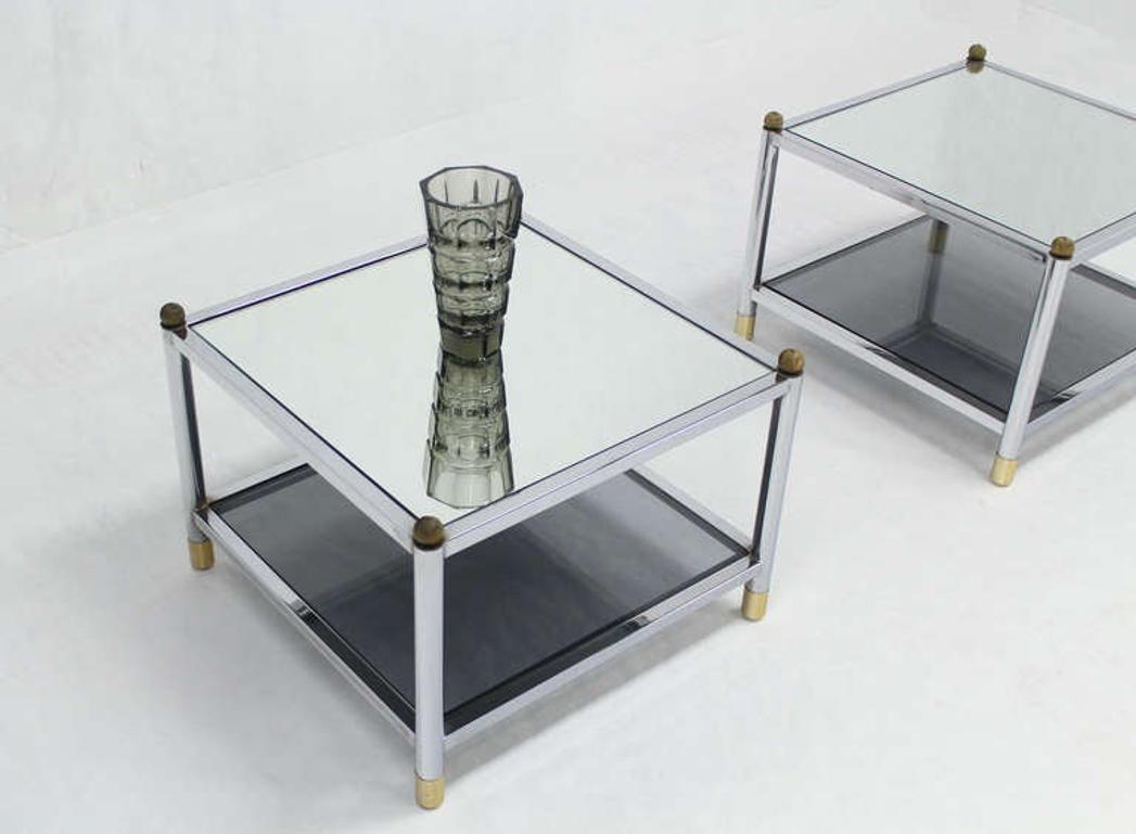 EstablishedLines Pair Square Chrome & Brass Smoked Glass Shelf Mirrored Top End Side Tables MINT!