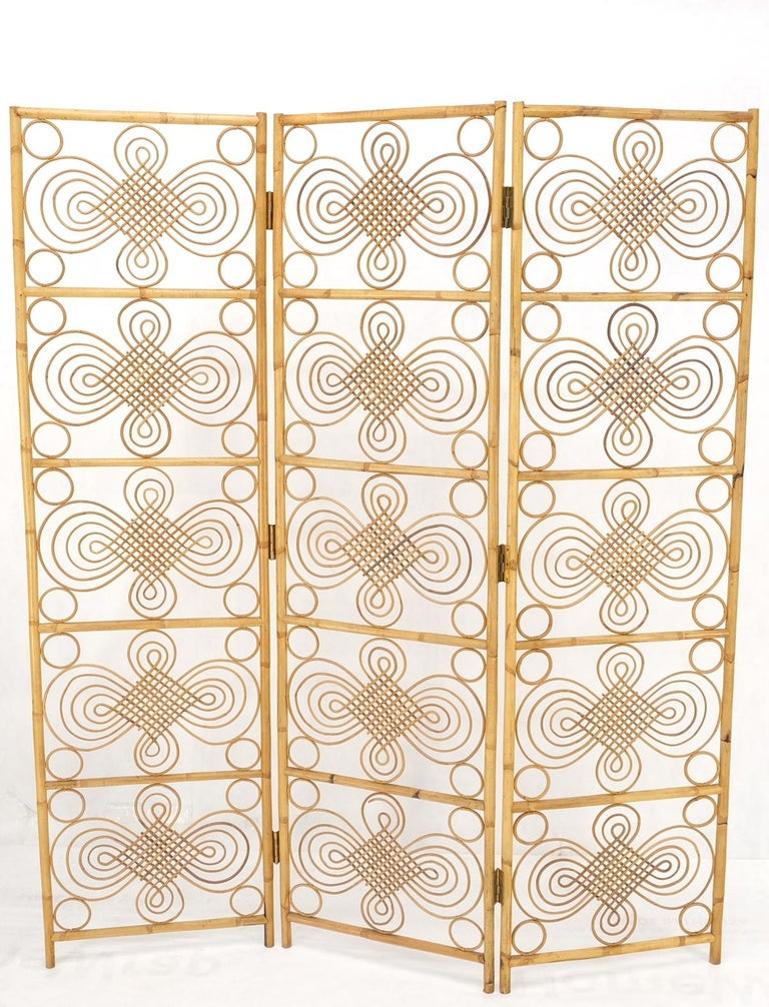 Mid Century Stunning Pattern Three Panel Bamboo Rattan Room Divider Screen Mint