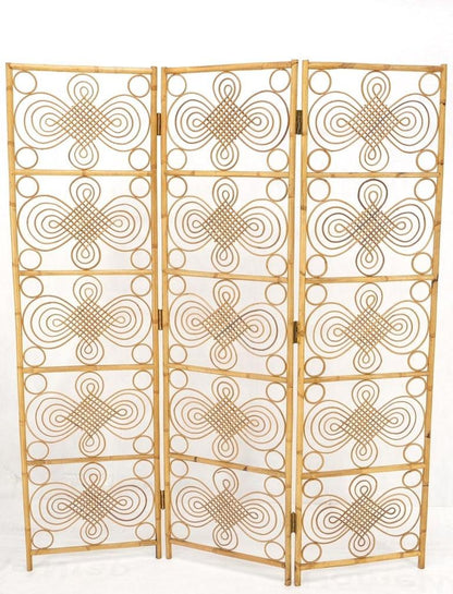 Mid Century Stunning Pattern Three Panel Bamboo Rattan Room Divider Screen Mint