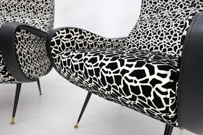 Pair Black & White Pattern Fabric Italian Mid Century Modern Lounge Chairs Mint