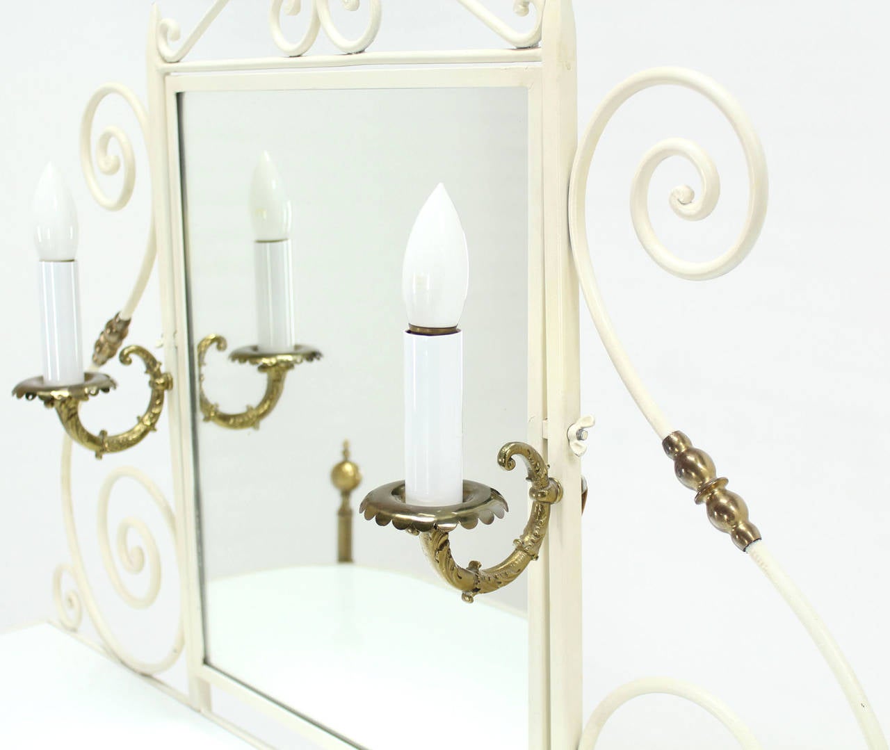 Decorative Vanity Dressing Table Milk Glass Top Metal Scrolls Brass Hardware
