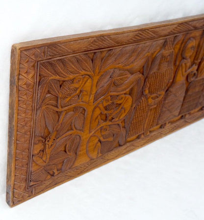 Carved Solid Teak Long Rectangle Wall Plaque Relief Sculpture Depicting Villager