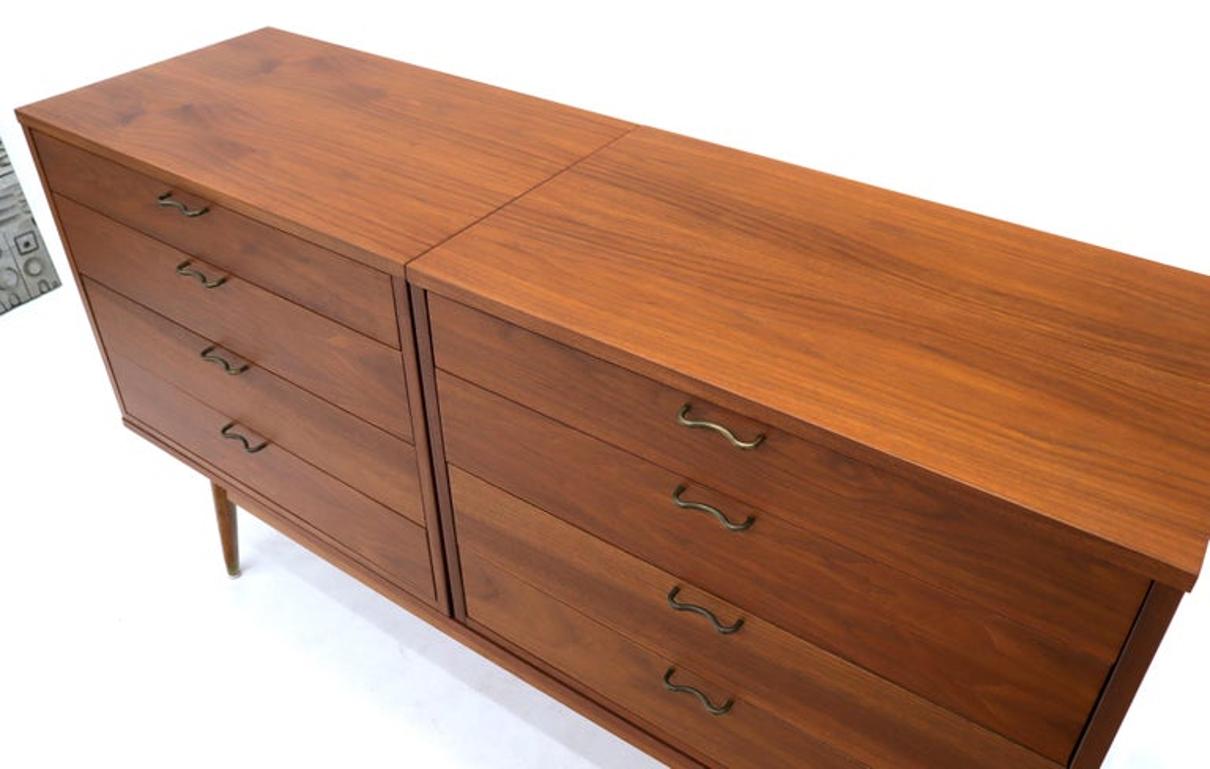 Three Pcs Mid-Century Modern Oiled Walnut Chest Dresser Credenza w/ Waive Pulls
