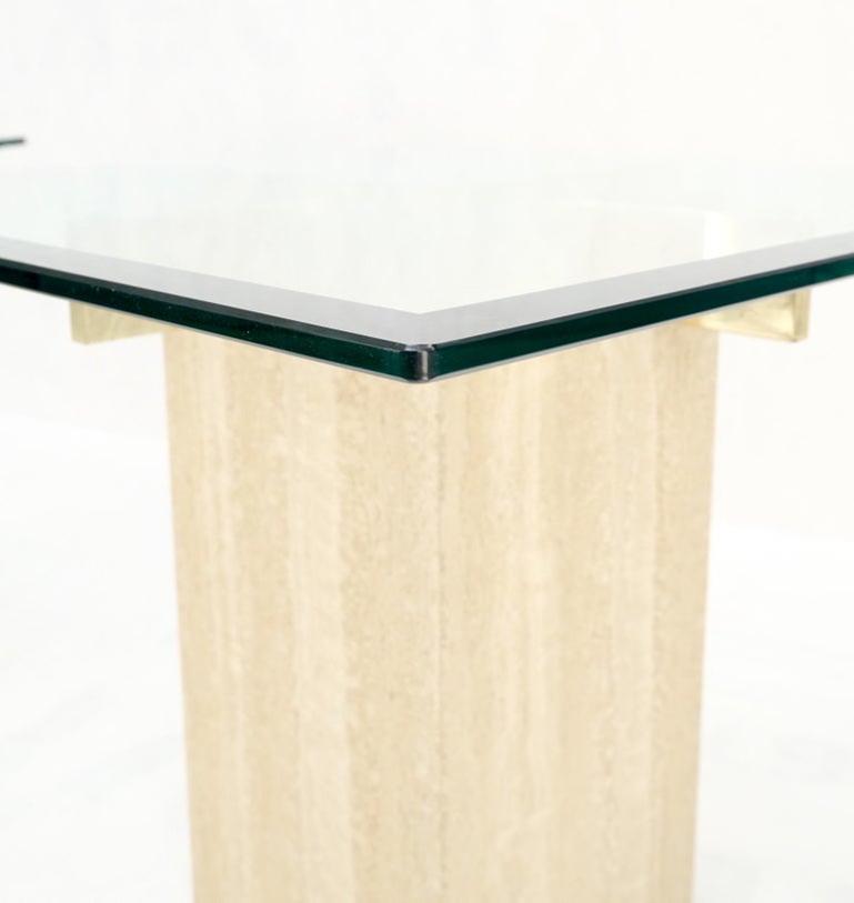 Pair Travertine Bases Cross Support Glass Top End Side Occational Tables Stands