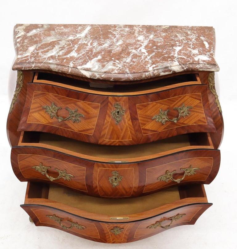 Bombe French Marble-Top Bronze Ormolu Louis XV Style 3 Drawers Dresser Commode