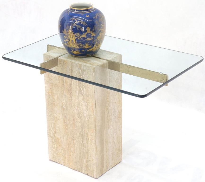 Travertine Base Glass Top Mid-Century Modern Side Table
