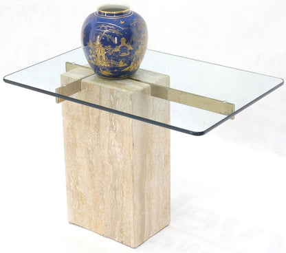 Travertine Base Glass Top Mid-Century Modern Side Table