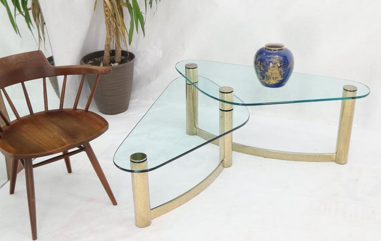 Two-Tier "L" Shape Glass and Brass Organic Kidney Shape Coffee Table