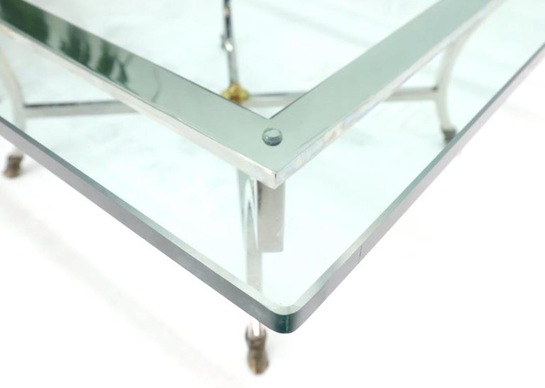 Square Chrome and Brass Hoof Feet Base Thick Glass Top Coffee Table