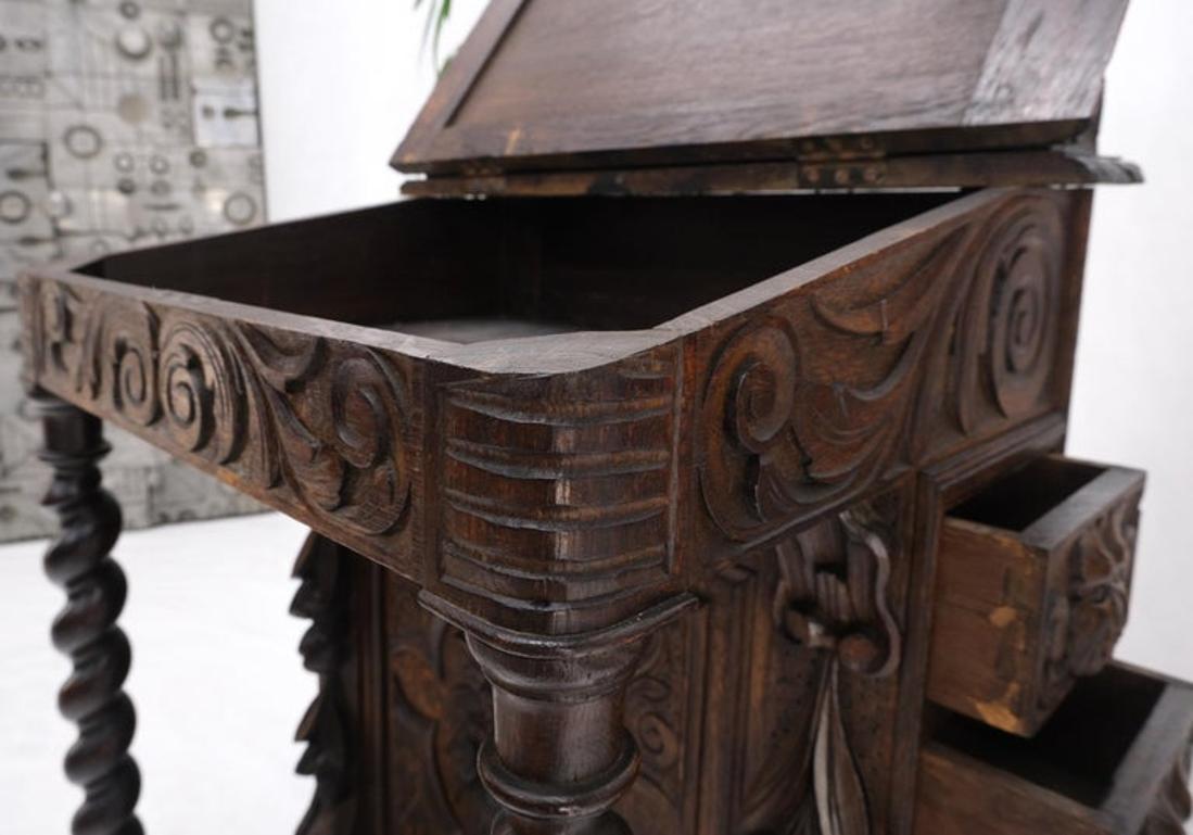 19th Century Davenport Heavily Carved Oak Desk w/ Rope Twist Supports 4 Drawers