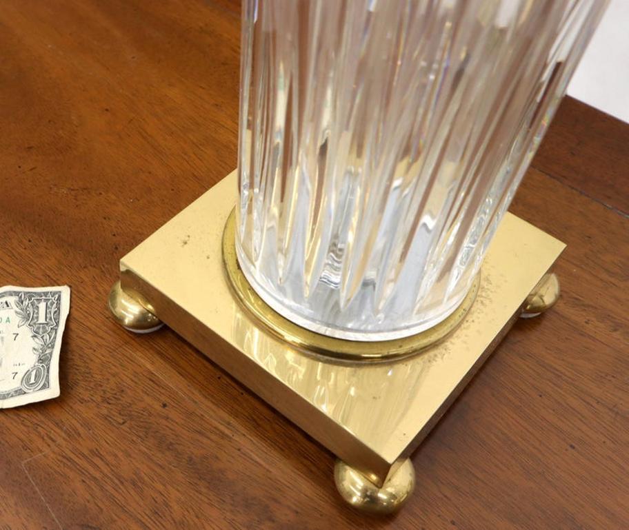 Pair of Fine Cut Glass Crystal Cylinder Shape Table Lamps on Brass Bases