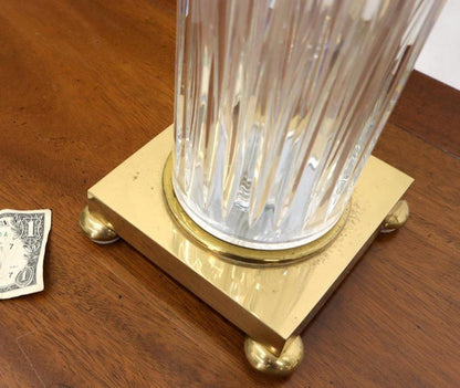 Pair of Fine Cut Glass Crystal Cylinder Shape Table Lamps on Brass Bases