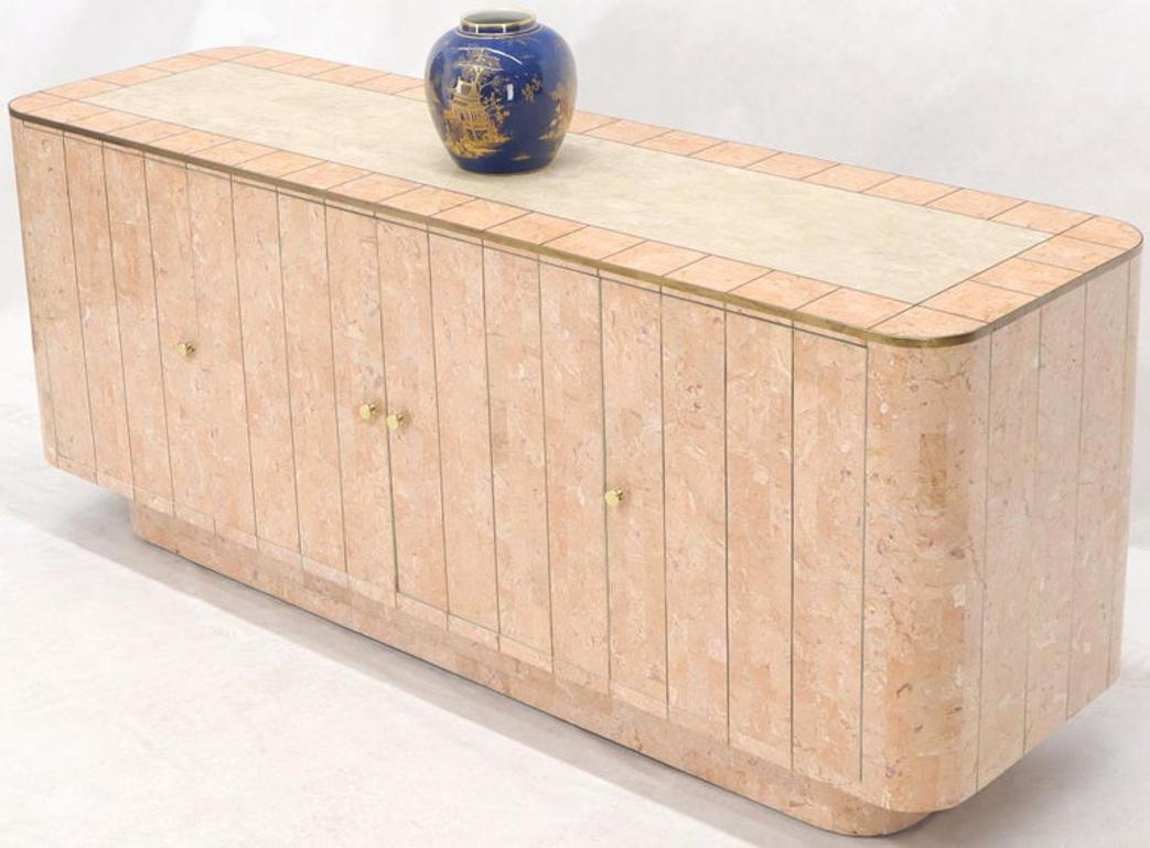 Rounded Corners Tessellated Stone Brass Inlay 4 Doors Credenza Cabinet