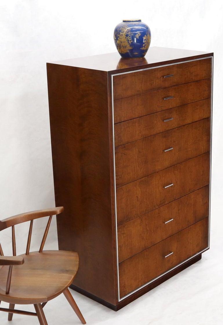 Seven Drawers Burl Wood Chrome Metal Bezel High Chest Dresser by John Stuart