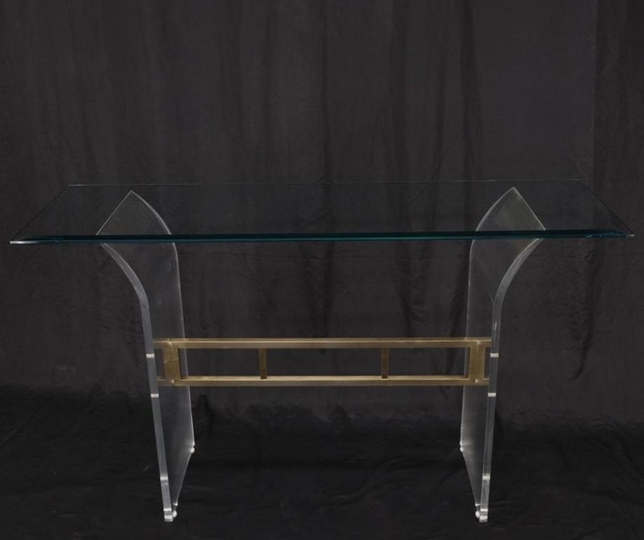 Lucite & Brass Base Glass Top Console Sofa Table Mid-Century Modern Mint