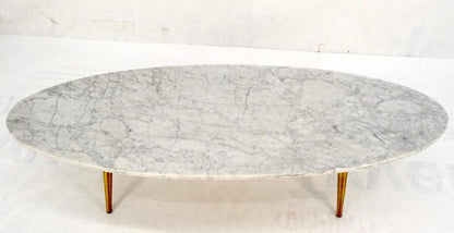 White Oval Carrara Marble Top Italian Mid-Century Modern Coffee Table Brass Legs