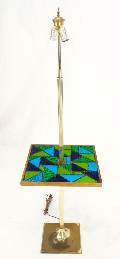 Green Blue Art Glass Square Mosaic Top Side End Table Floor Lamp Mid-Century