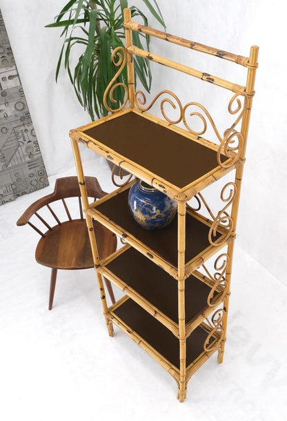 Rattan Burned Bamboo Decorative Scrolls 4 Tier Shelf Bookcase Etagere 1970s Mint