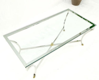 Mid Century Brass Hoof Feet Chrome Base Glass Top Rectangle Coffee Table MINT!