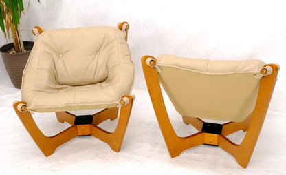 Pair of Mid Century Danish Modern Teak Frames Leather Sling Seat Lounge Chairs