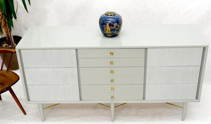 Two Tone Light Grey & White Fluted Drawer Fronts Brass Stretchers Long Dresser