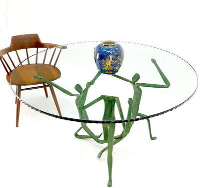 Heavy Cut Steel Dancing Sculpture Base Rope Edge Round Glass Top Dining Table