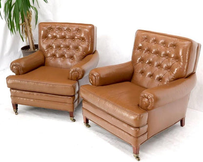 Pair of Chesterfield Style Leather Chairs W/ Ottomans Brown to Tan