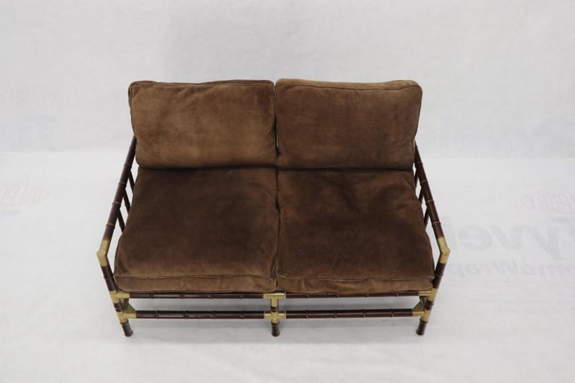 Brown Suede Upholstery Faux Bamboo Italian Mid-Century Modern Settee Loveseat